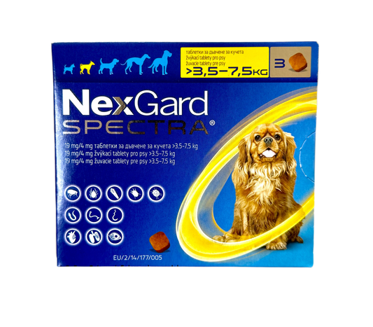 NEXGARD SPECTRA – НЕКСГАРД СПЕКТРА СРЕЩУ БЪЛХИ, КЪРЛЕЖИ, ДИРОФИЛАРИОЗА, КРЪГЛИ ЧЕРВЕИ, КУТИЯ С 3 бр 3.5-7.5 кг