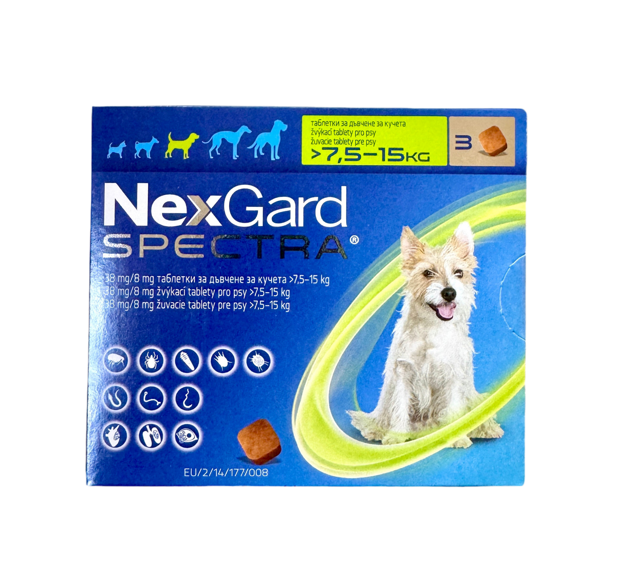 NEXGARD SPECTRA – НЕКСГАРД СПЕКТРА СРЕЩУ БЪЛХИ, КЪРЛЕЖИ, ДИРОФИЛАРИОЗА, КРЪГЛИ ЧЕРВЕИ, 7.5-15 кг -3 бр. в кутия