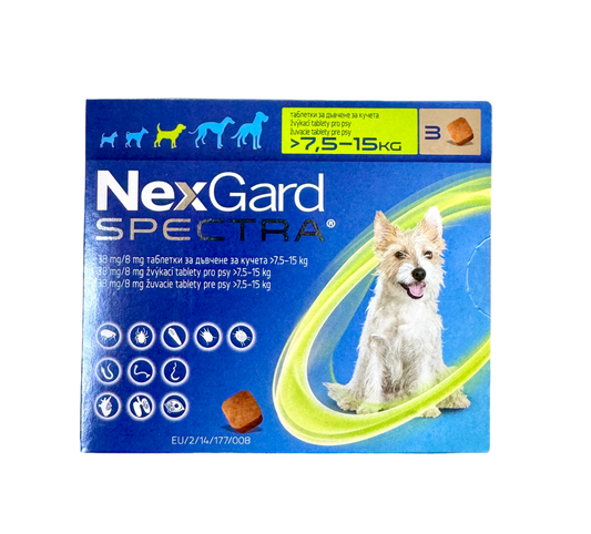 NEXGARD SPECTRA – НЕКСГАРД СПЕКТРА СРЕЩУ БЪЛХИ, КЪРЛЕЖИ, ДИРОФИЛАРИОЗА, КРЪГЛИ ЧЕРВЕИ, 7.5-15 кг -3 бр. в кутия