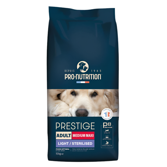 PRESTIGE MEDIUM/MAXI LIGHT/STERILISED 15 kg – Храна за кастрирани или склонни към напълняване кучета от средни и едри породи, Франция - Zoo-PetShop