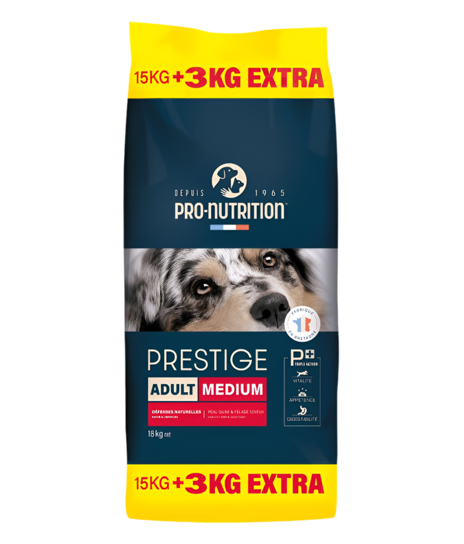 Prestige Dog Adult Medium 15kg + 3kg Free – Complete Food for Adult Medium Breeds, Made in France