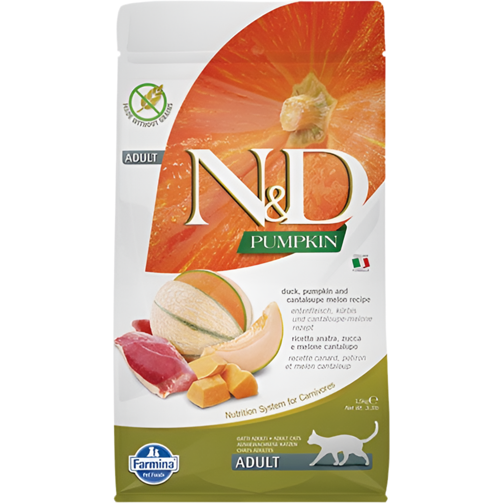 N&D Duck & Cantalope Melon – Пълноценна храна за котки в зряла възраст с патица, тиква и пъпеш.