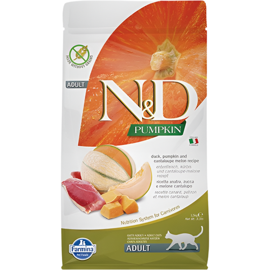 N&D Duck & Cantalope Melon – Пълноценна храна за котки в зряла възраст с патица, тиква и пъпеш.