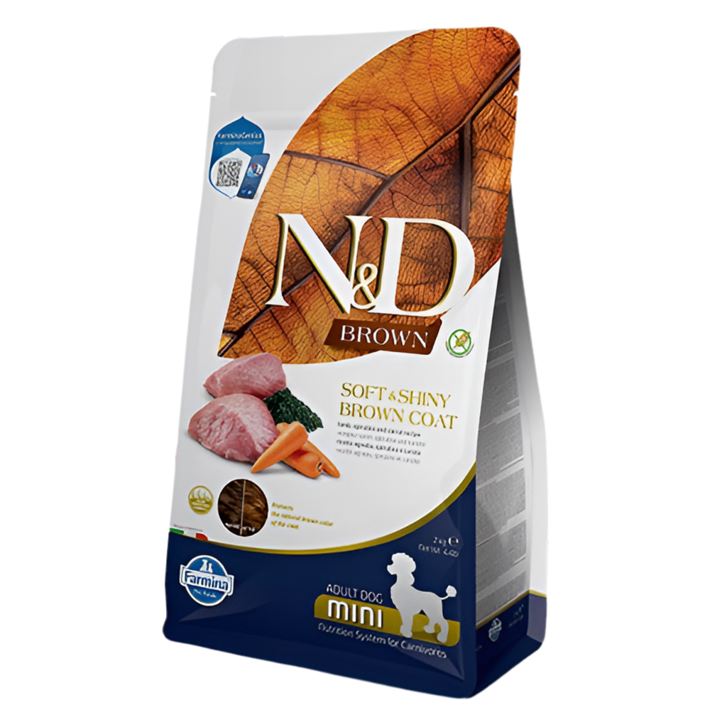 N&D BROWN DOG LAMB, SPIRULINA & CARROT ADULT MINI – ХРАНА ЗА КУЧЕТА С КАФЯВА КОЗИНА ОТ МИНИ ПОРОДИ НАД 1 Г., С АГНЕШКО, СПИРУЛИНА И МОРКОВ