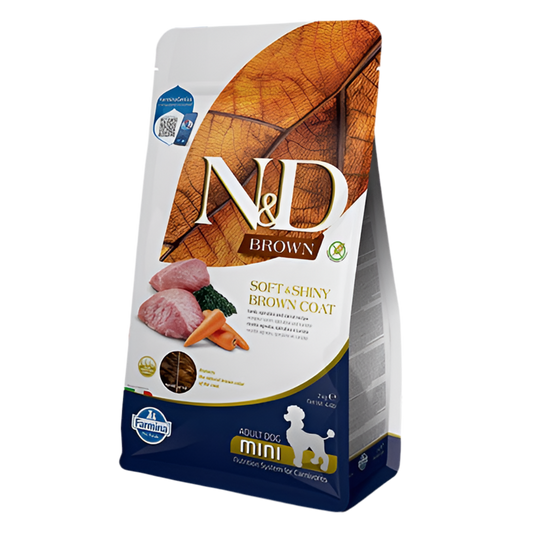 N&D BROWN DOG LAMB, SPIRULINA & CARROT ADULT MINI – ХРАНА ЗА КУЧЕТА С КАФЯВА КОЗИНА ОТ МИНИ ПОРОДИ НАД 1 Г., С АГНЕШКО, СПИРУЛИНА И МОРКОВ