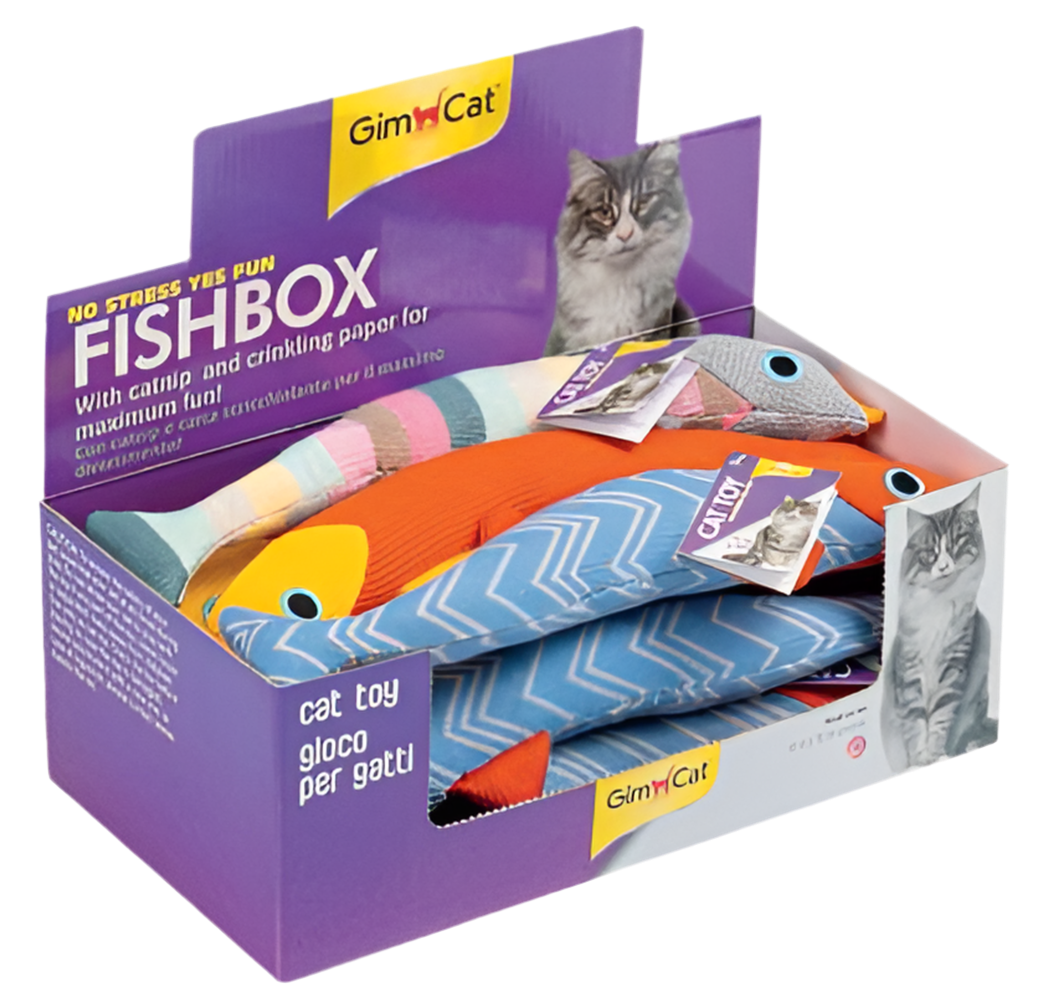 Gimcat® FISH BOX Играчка за котка - шумоляща плюшена риба с котешка трева 1 бр. - Zoo-PetShop