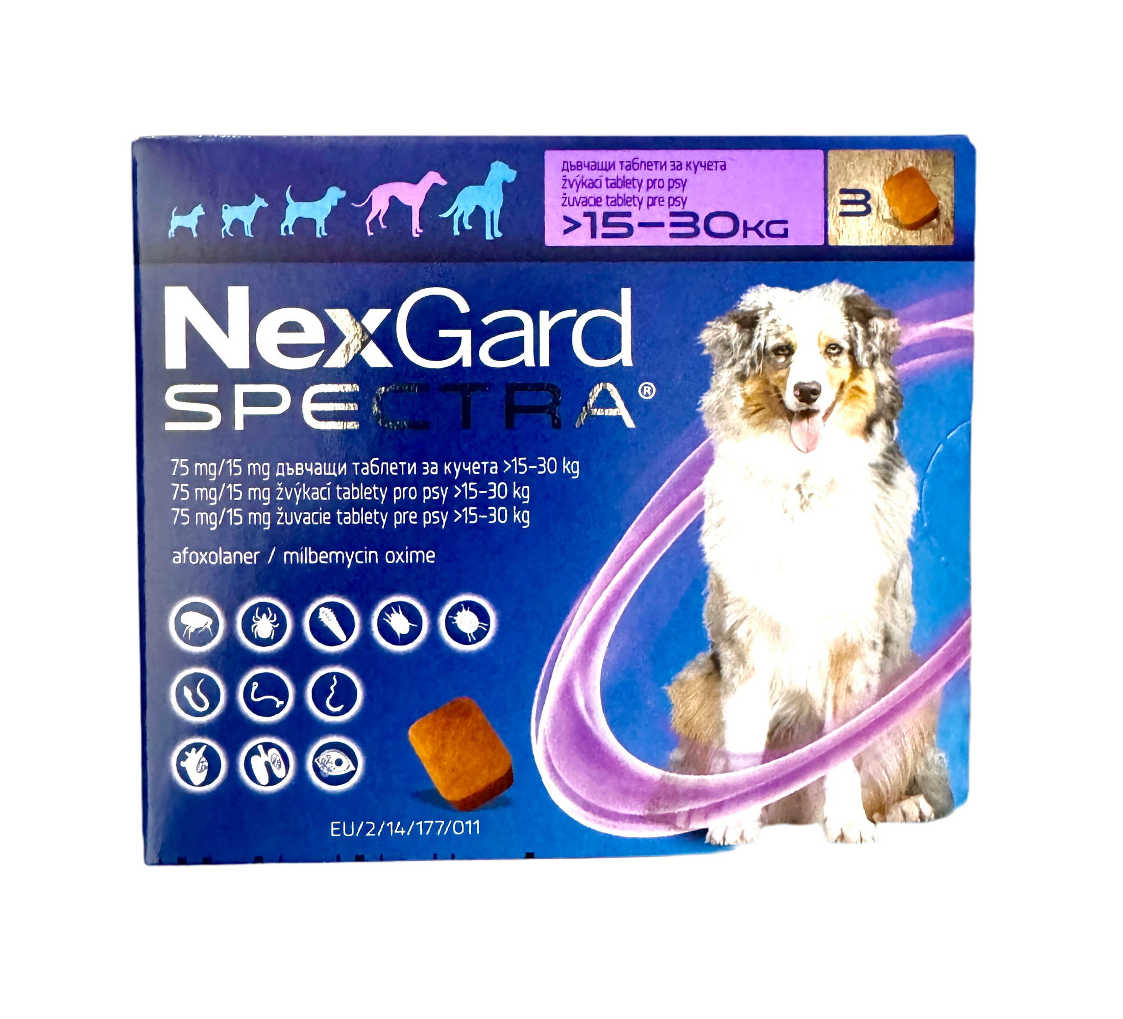 NEXGARD SPECTRA – НЕКСГАРД СПЕКТРА СРЕЩУ БЪЛХИ, КЪРЛЕЖИ, ДИРОФИЛАРИОЗА, КРЪГЛИ ЧЕРВЕИ, 15-30 кг - 3 бр в кутия !