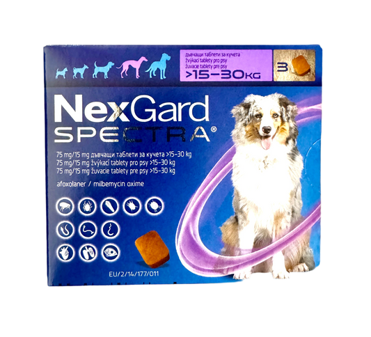 NEXGARD SPECTRA – НЕКСГАРД СПЕКТРА СРЕЩУ БЪЛХИ, КЪРЛЕЖИ, ДИРОФИЛАРИОЗА, КРЪГЛИ ЧЕРВЕИ, 15-30 кг - 3 бр в кутия !