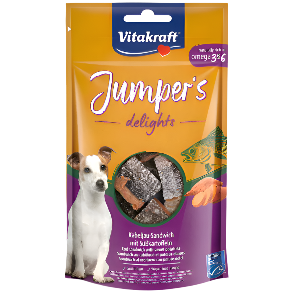 Vitakraft ® Jumper's Delights Лакомство за кучета - сандвичи с риба треска и сладък картоф - Zoo-PetShop