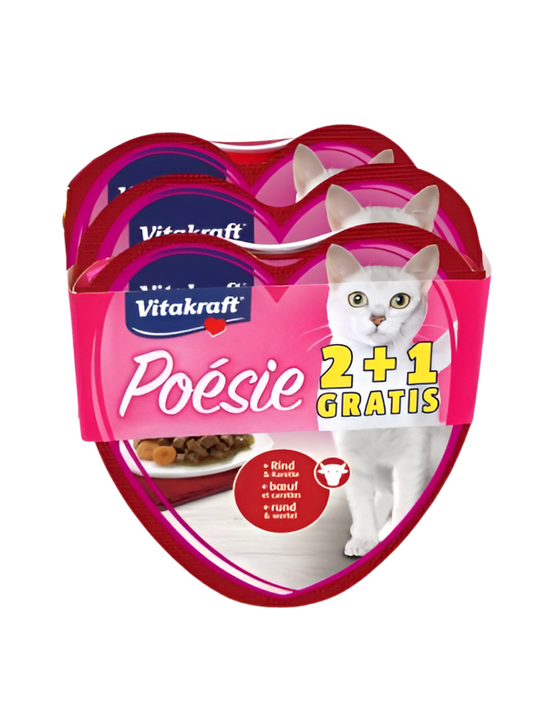 Vitakraft - Консерва "Сърце" от гамата Poesie - ПРОМОКОМПЛЕКТ 3 бр.: 2 бр. Говеждо с моркови + 1 бр. Пиле с градински зеленчуци - Zoo-PetShop