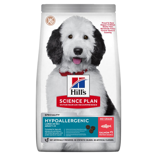 HILL’S SCIENCE PLAN ADULT HYPOALLERGENIC LARGE BREED със сьомга – Хипоалергенна суха храна без зърнени култури за кучета от 1 до 6 г. от едри породи над 25 кг. - Zoo-PetShop