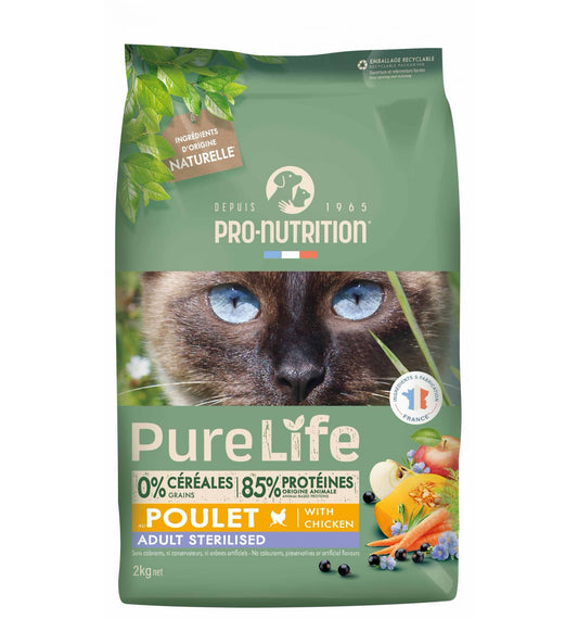 Pure Life for cats STERILIZED Chicken 2 kg – храна за кастрирани котки над 1 г., подходяща за котки със склонност към наднормено тегло. - Zoo-PetShop