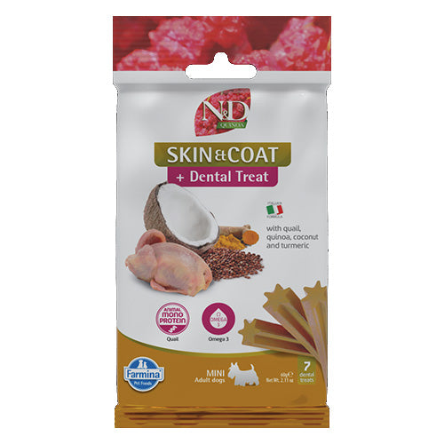 N&D Quinoa Skin & Coat Dental Care Treat With Quail, Coconut and Turmeric Mini - Zoo-PetShop