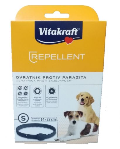 VITAKRAFT ® БИОЦИДЕН НАШИЙНИК ЗА КУЧЕТА 28 cm, размери: S и SM подрастващи РЕПЕЛЕНТНА ПРОТИВОПАРАЗИТНА КАИШКА ЗА КУЧЕТА ОТ ДРЕБНИ ПОРОДИ И ЗА ПОДРАСТВАЩИ КУЧЕТА ОТ СРЕДНИ ПОРОДИ, ОБИКОЛКА НА ВРАТА 14-28 СМ. ЗА КУЧЕТА НАД 4 МЕСЕЦА, ПРОТИВ БЪЛХИ, КЪРЛЕЖИ, - Zoo-PetShop