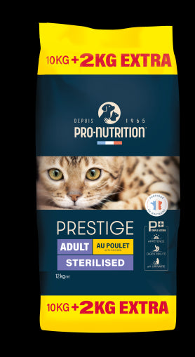 PRESTIGE CAT ADULT STERILISED С ПИЛЕ 10 кг + 2 кг гратис - Храна за кастрирани котки и склонни към напълняване. - Zoo-PetShop