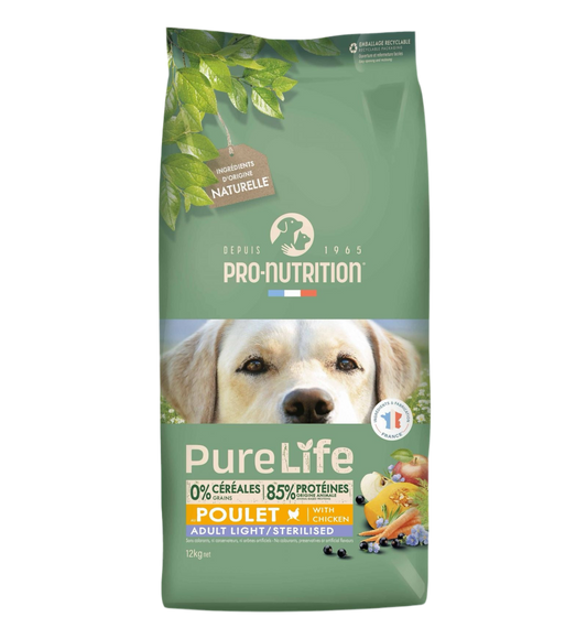 Pure Life Dog ADULT LIGHT/STERILIZED with Chicken 12 кг - Храна за кучета с наднормено тегло или кастрирани, над 1 година. С пиле, без зърно и глутен.