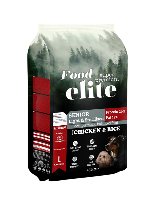 Elite Dog Senior / Light – Sterilized Super Premium Пълноценна суха храна за кастрирани възрастни и по-малко активни кучета, 15 kg