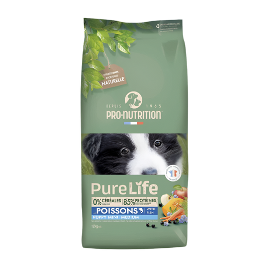 Pure Life Dog PUPPY MINI MEDIUM with Fish 12 kg - Храна за кученца от дребни и средни породи (15 кг - 25 кг), с риба. Подходяща за бременни и кърмещи кучета. Без зърно и глутен.