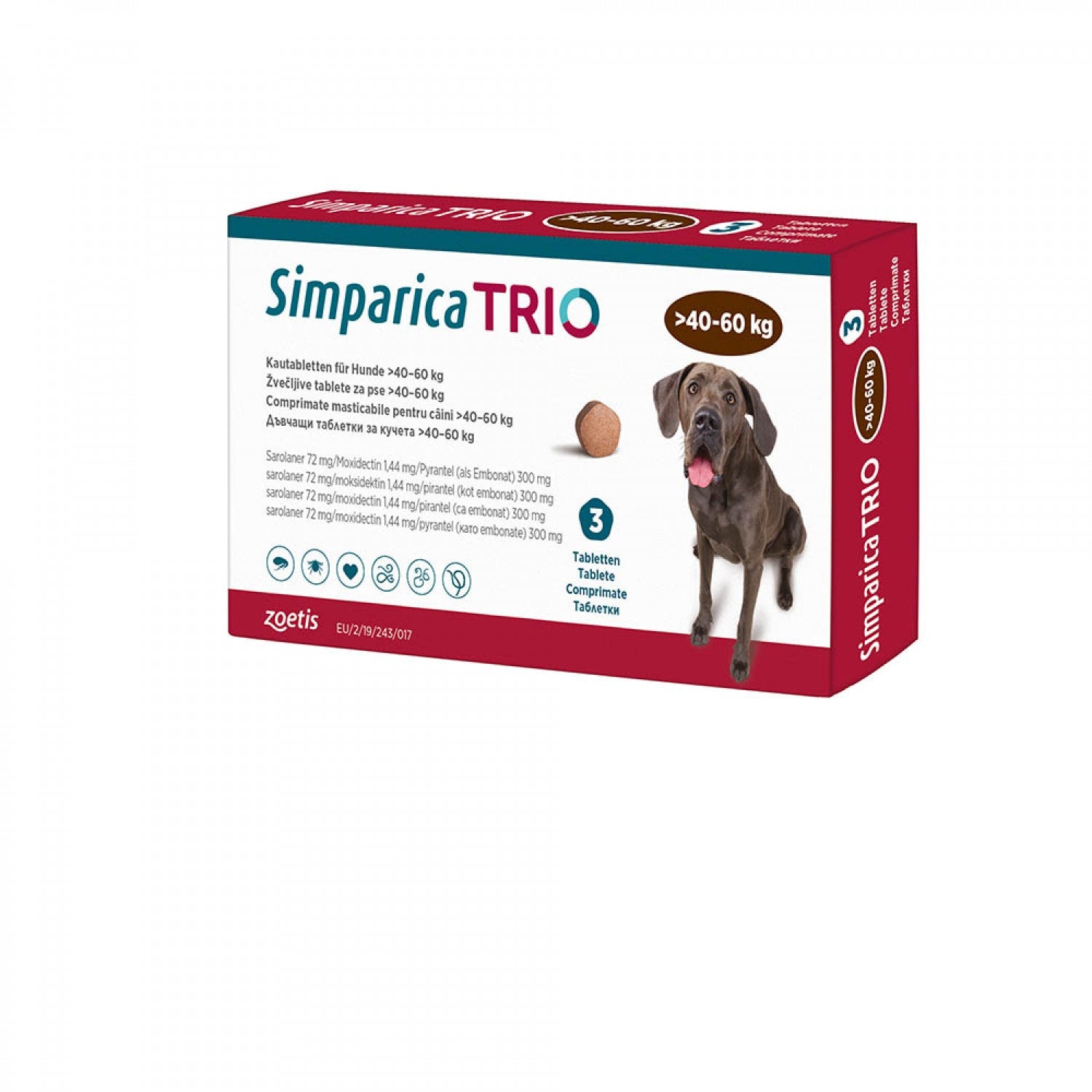 Simparica Trio 40 - 60кг - вкусни таблетки за кучета - за профилактика на външни и вътрешни паразити ! Специална цена за 2 кутии с 6 таблетки - 15.65€ за брой