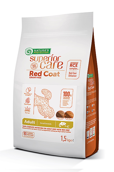 Nature’s Protection Red Coat Grain Free Salmon Adult Small and Mini Breeds ! ИЗКЛЮЧИТЕЛНО ВКУСНА, ПЪЛНОЦЕННА СУХА ХРАНА СЪС СЬОМГА ЗА ИЗРАСНАЛИ КУЧЕТА ОТ МИНИ ПОРОДИ, ПРИТЕЖАВАЩИ ЧЕРВЕНА КОЗИНА