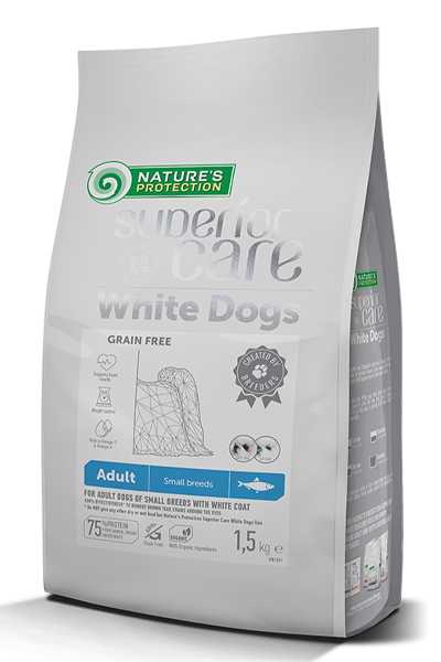 Nature’s Protection White dogs Grain Free With Herring Adult Small Breed ! Пълноценна храна без зърно с бяла риба за израснали кучета от малките и мини породи с бяла козина (телесно тегло 1-10кг)
