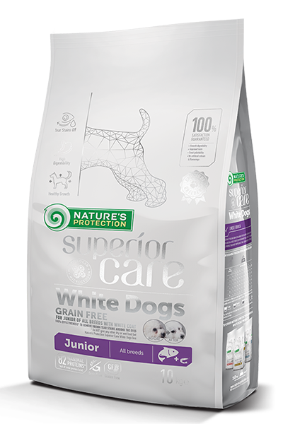 Nature’s Protection White Dogs Grain Free Salmon Junior/Starter All Breeds ! Пълноценна храна без зърно със сьомга за бебета кучета от всички породи с бяла козина! Първа храна след майчиното мляко