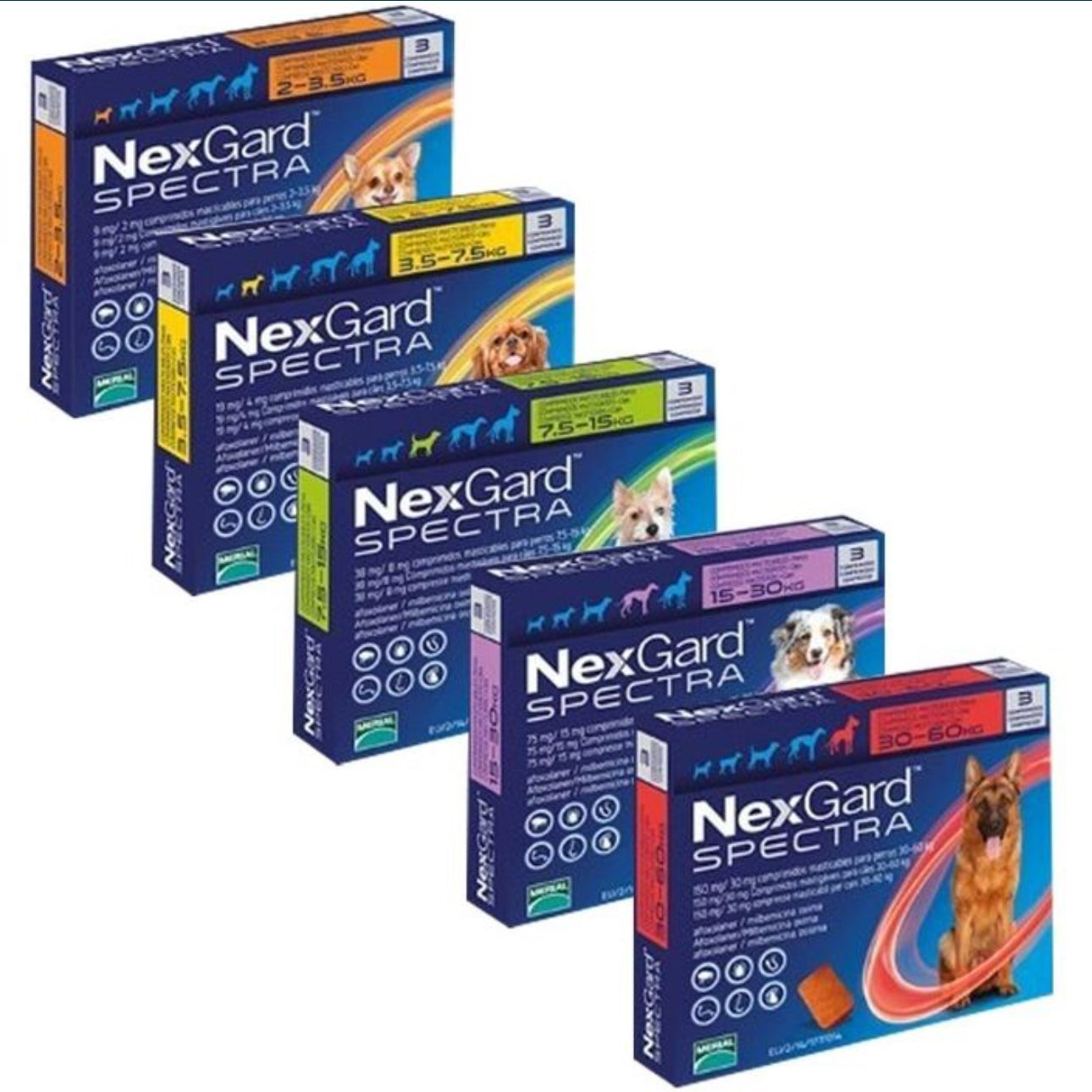 NEXGARD SPECTRA – НЕКСГАРД СПЕКТРА СРЕЩУ БЪЛХИ, КЪРЛЕЖИ, ДИРОФИЛАРИОЗА, КРЪГЛИ ЧЕРВЕИ, 7.5-15 кг -3 бр. в кутия