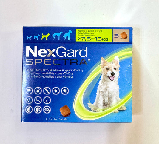 NEXGARD SPECTRA – НЕКСГАРД СПЕКТРА СРЕЩУ БЪЛХИ, КЪРЛЕЖИ, ДИРОФИЛАРИОЗА, КРЪГЛИ ЧЕРВЕИ, 7.5-15 кг -3 бр. в кутия