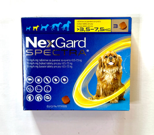 NEXGARD SPECTRA – НЕКСГАРД СПЕКТРА СРЕЩУ БЪЛХИ, КЪРЛЕЖИ, ДИРОФИЛАРИОЗА, КРЪГЛИ ЧЕРВЕИ, КУТИЯ С 3 бр 3.5-7.5 кг