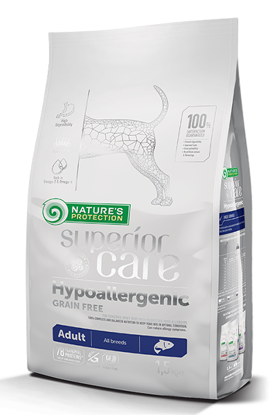 Nature’s Protection Hypoallergenic Grain Free Salmon Adult All breed ! Пълноценна храна без зърно със сьомга за израснали кучета от всички породи с чувствителна храносмилателна система и склонност към алергии.