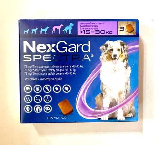 NEXGARD SPECTRA – НЕКСГАРД СПЕКТРА СРЕЩУ БЪЛХИ, КЪРЛЕЖИ, ДИРОФИЛАРИОЗА, КРЪГЛИ ЧЕРВЕИ, 15-30 кг - 3 бр в кутия !