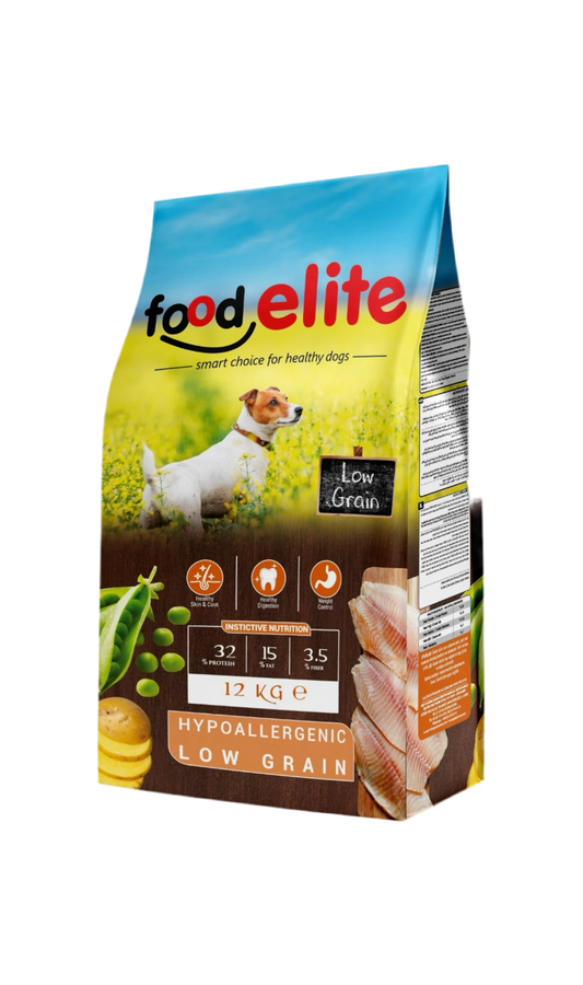 Food Elite Low Grain – 12 кг суха храна за възрастни кучета с риба и пиле, 32% протеин, 15% мазнини, хипоалергена