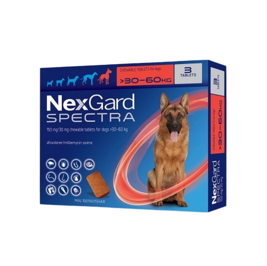 NEXGARD SPECTRA /НЕКСГАРД СПЕКТРА СРЕЩУ БЪЛХИ, КЪРЛЕЖИ, ДИРОФИЛАРИОЗА, КРЪГЛИ ЧЕРВЕИ 30-60 кг -6 ТАБЛЕТКИ,  СУПЕР ПРОМО - ЦЕНА ЗА 2 КУТИИ !!! ИЗЧЕРПАНА НАЛИЧНОСТ!