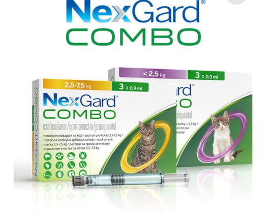 NEXGARD COMBO – СПОТ ОН ЗА ЦЯЛОСТНО ВЪТРЕШНО И ВЪНШНО ОБЕЗПАРАЗИТЯВАНЕ ПРИ КОТКИ- кутия с 3 пипети за котки от 2.5 кг до 7.5 кг