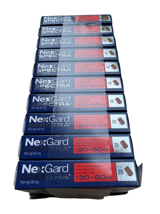 NEXGARD SPECTRA /НЕКСГАРД СПЕКТРА СРЕЩУ БЪЛХИ, КЪРЛЕЖИ, ДИРОФИЛАРИОЗА, КРЪГЛИ ЧЕРВЕИ 30-60 кг -6 ТАБЛЕТКИ,  СУПЕР ПРОМО - ЦЕНА ЗА 2 КУТИИ !!! ИЗЧЕРПАНА НАЛИЧНОСТ!