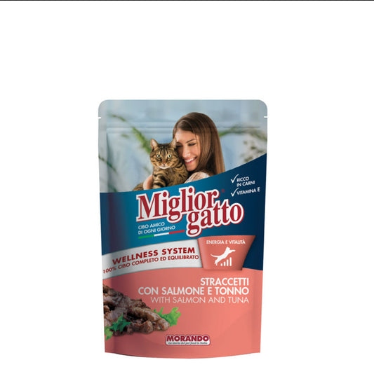 MIGLIORGATTO STRACETTI  ПАУЧ ЗА КОТЕ СЪС СЬОМГА И РИБА ТОН ПЪЛНОЦЕННА ХРАНА ЗА КОТКИ, 100 ГРАМА