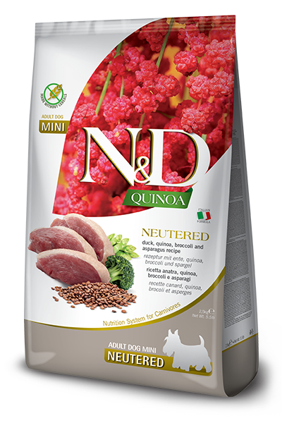 N&D с киноа за кучета
N&D Quinoa Neutered е пълноценна храна за кастрирани кучета от мини породи в зряла възраст. 7 кг
