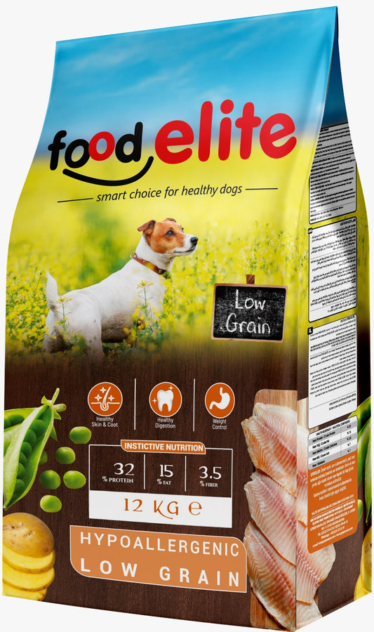Food Elite Low Grain (32 protein 15 fat) 12kg Dry Food for Adult Dogs with Fish & Chicken - Food Elite Low Grain (32% протеин, 15% мазнини) 12 кг суха храна за възрастни кучета с риба и пилешко месо, хипоалерген