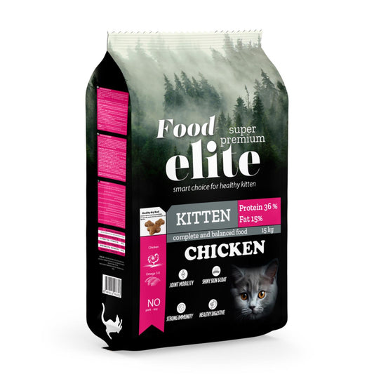 Elite Kitten Food with Chicken - Елит храна за котенца от  2-12 месеца с пилешко месо, 15 кг