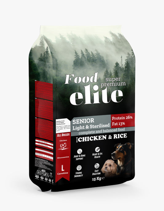 Elite Dog Senior / Light – Sterilized Super Premium Пълноценна суха храна за кастрирани възрастни и по-малко активни кучета, 15 kg