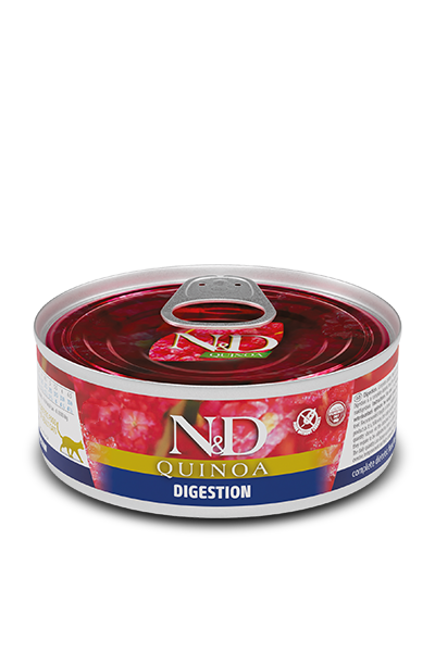 N&D с киноа за котки
N&D Quinoa Digestion е пълноценна диетична храна за котки, предназначена на компенсиране на лошо храносмилане. Храната е формулирана да отговаря на хранителните нива, установени от AAFCO в хранителните профили !