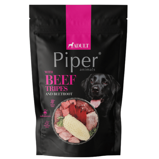 Piper Adult Dog пауч за кучета с говеждо шкембе и цвекло, 500 г. Изключително вкусен пауч за кучета с високачествено месо, което и най-капризните кучета ще харесат ! Много високо качество !