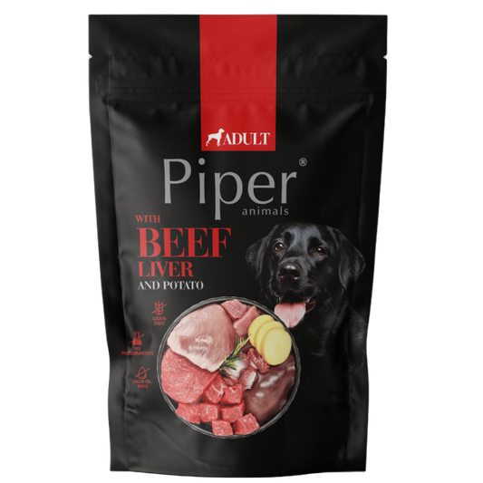 Piper Adult Dog пауч за кучета с говежди дроб и картофи, 500 г. Изключително вкусен пауч за кучета с високачествено месо, което и най-капризните кучета ще харесат ! Много високо качество !