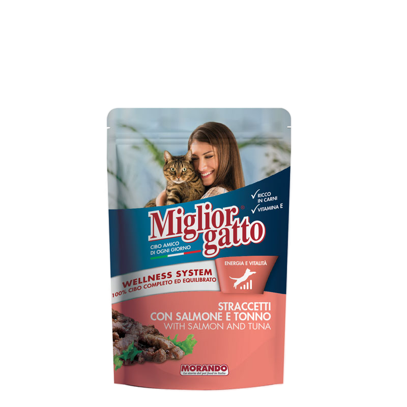 MIGLIORGATTO STRACETTI  ПАУЧ ЗА КОТЕ СЪС СЬОМГА И РИБА ТОН ПЪЛНОЦЕННА ХРАНА ЗА КОТКИ, 100 ГРАМА