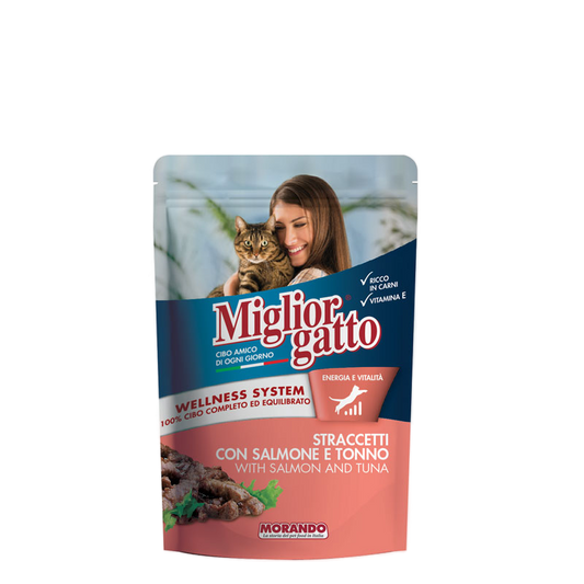 MIGLIORGATTO STRACETTI  ПАУЧ ЗА КОТЕ СЪС СЬОМГА И РИБА ТОН ПЪЛНОЦЕННА ХРАНА ЗА КОТКИ, 100 ГРАМА