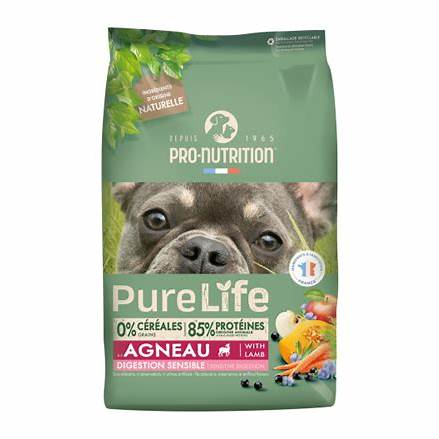 Pure Life Dog Lamb 2 кг - Пълноценна храна за пораснали кучета С ЧУВСТВИТЕЛНО ХРАНОСМИЛАНЕ, с АГНЕ. Подходяща за кучета от всички породи на възраст над 1 година. Без зърно, без глутен. Произведена във Франция.