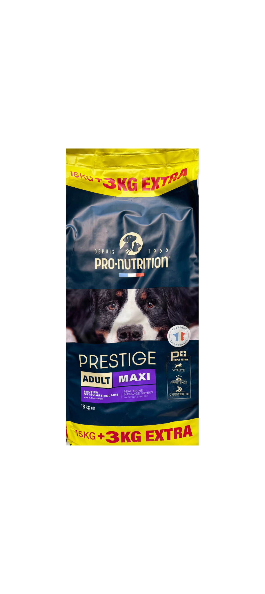 PRESTIGE DOG ADULT MAXI 15 kg +3 кг бонус - Пълноценна храна за пораснали кучета от едри породи с живи пробиотици и невероятен вкус и усвояемост. Произведена във Франция.