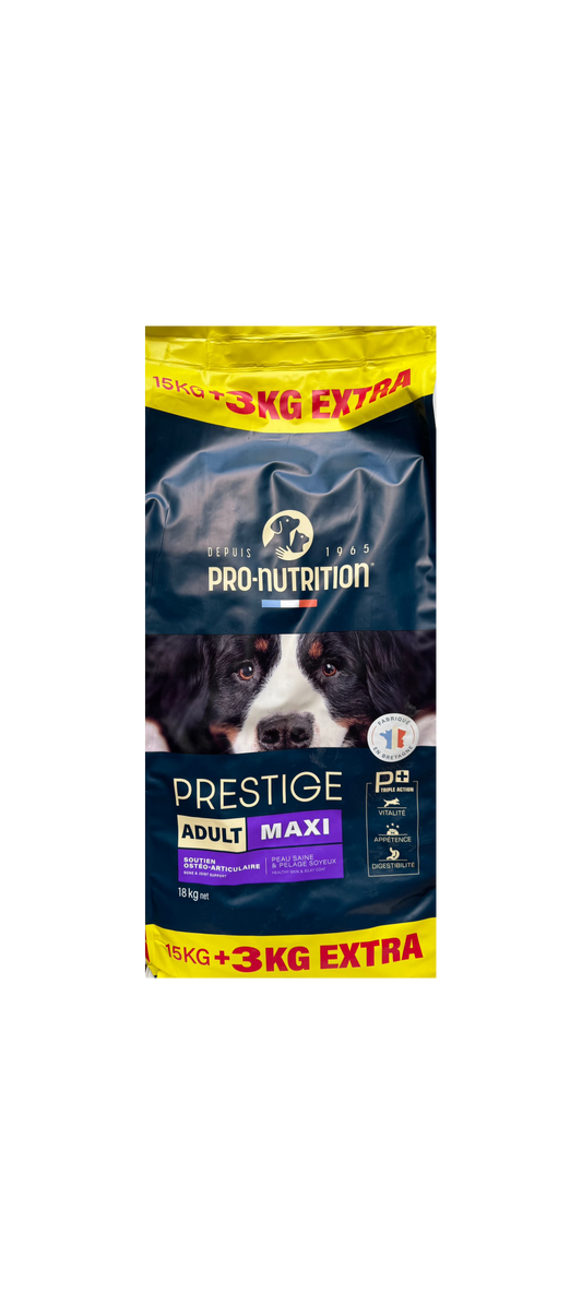 PRESTIGE DOG ADULT MAXI 15 kg +3 кг бонус - Пълноценна храна за пораснали кучета от едри породи с живи пробиотици и невероятен вкус и усвояемост. Произведена във Франция.