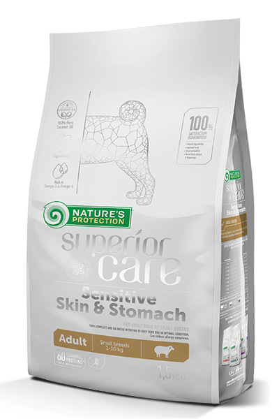 Nature’s Protection Sensitive Skin & Stomach Lamb Adult Small Breeds ! Пълноценна храна без зърно с агне за израснали кучета от малките и мини породи с чувствителна храносмилателна система
Помага да се избегнат чревни и кожни проблеми