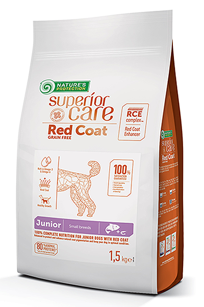 Nature’s Protection Red Coat Grain Free Salmon Junior Small and Mini Breeds ! Пълноценна беззърнена храна със сьомга за подрастващи кучета от дребните породи с червена козина.